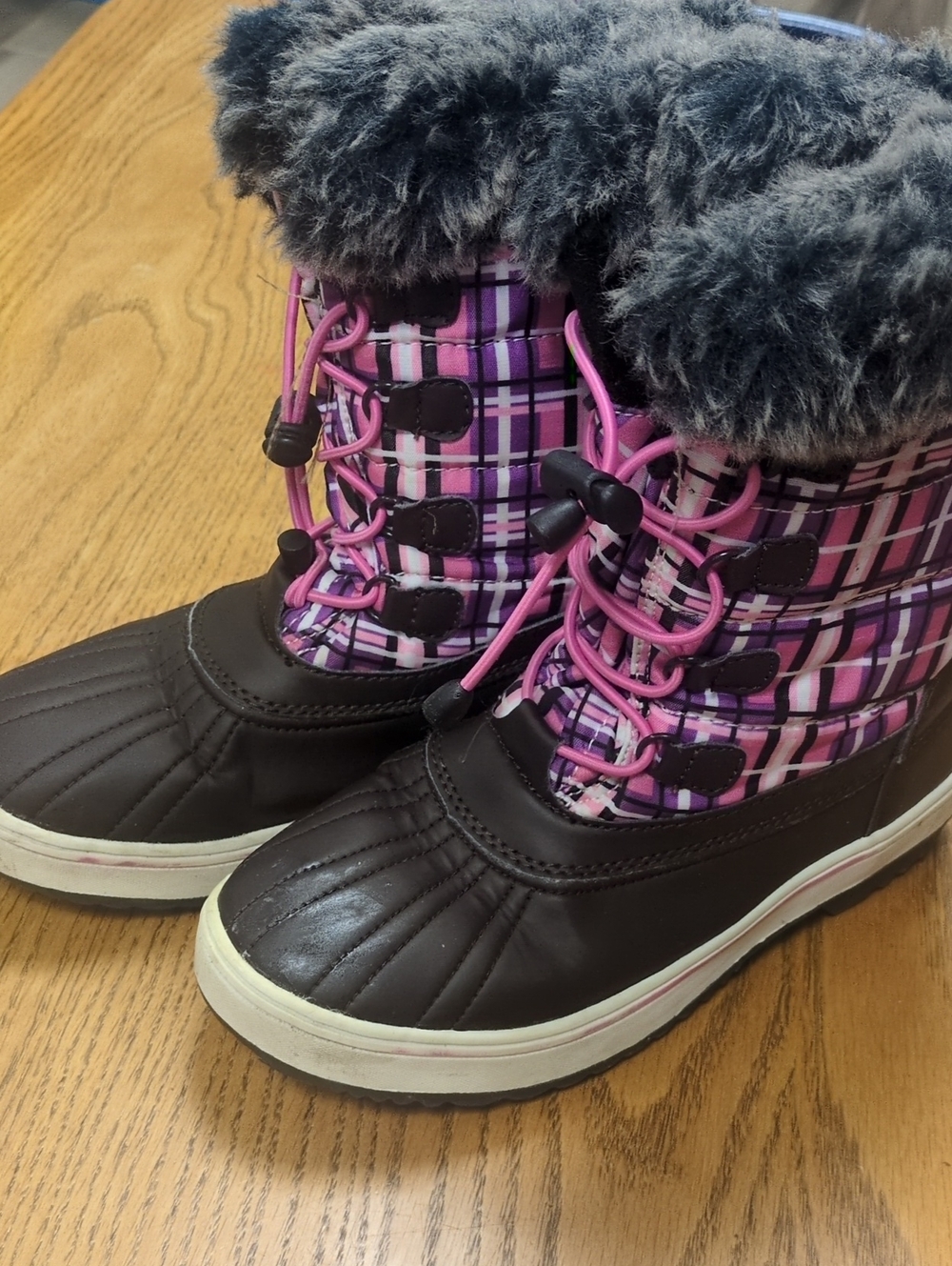 Girls Pink Plaid Faux-Fur Winter Rain & Snow Boots